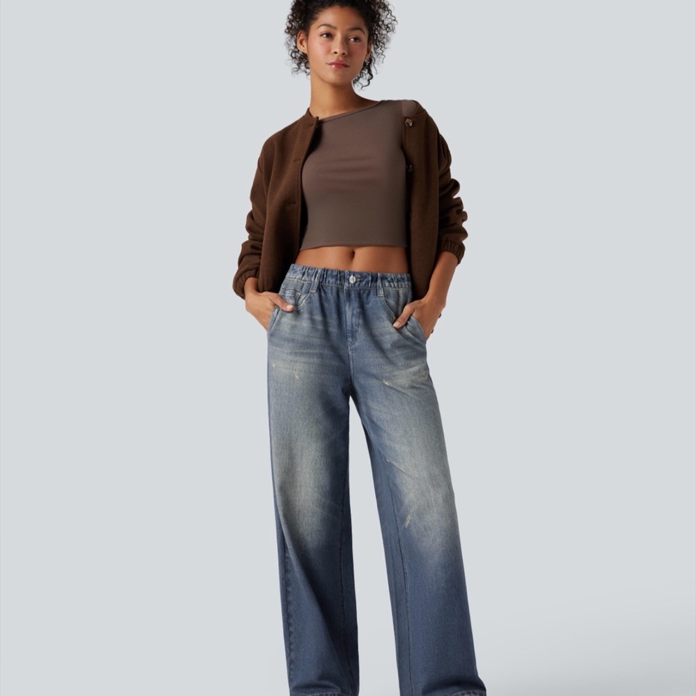 Women’s Halara Mid-rise Denim Print French Terry Casual Sweatpants Jeans - Picture 6 of 16